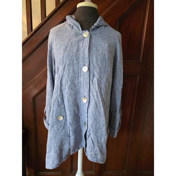 Sarid Olsen Hooded Blue Linen Blend Button-Up Jacket Medium W/ Side Pockets - Picture 2 of 12